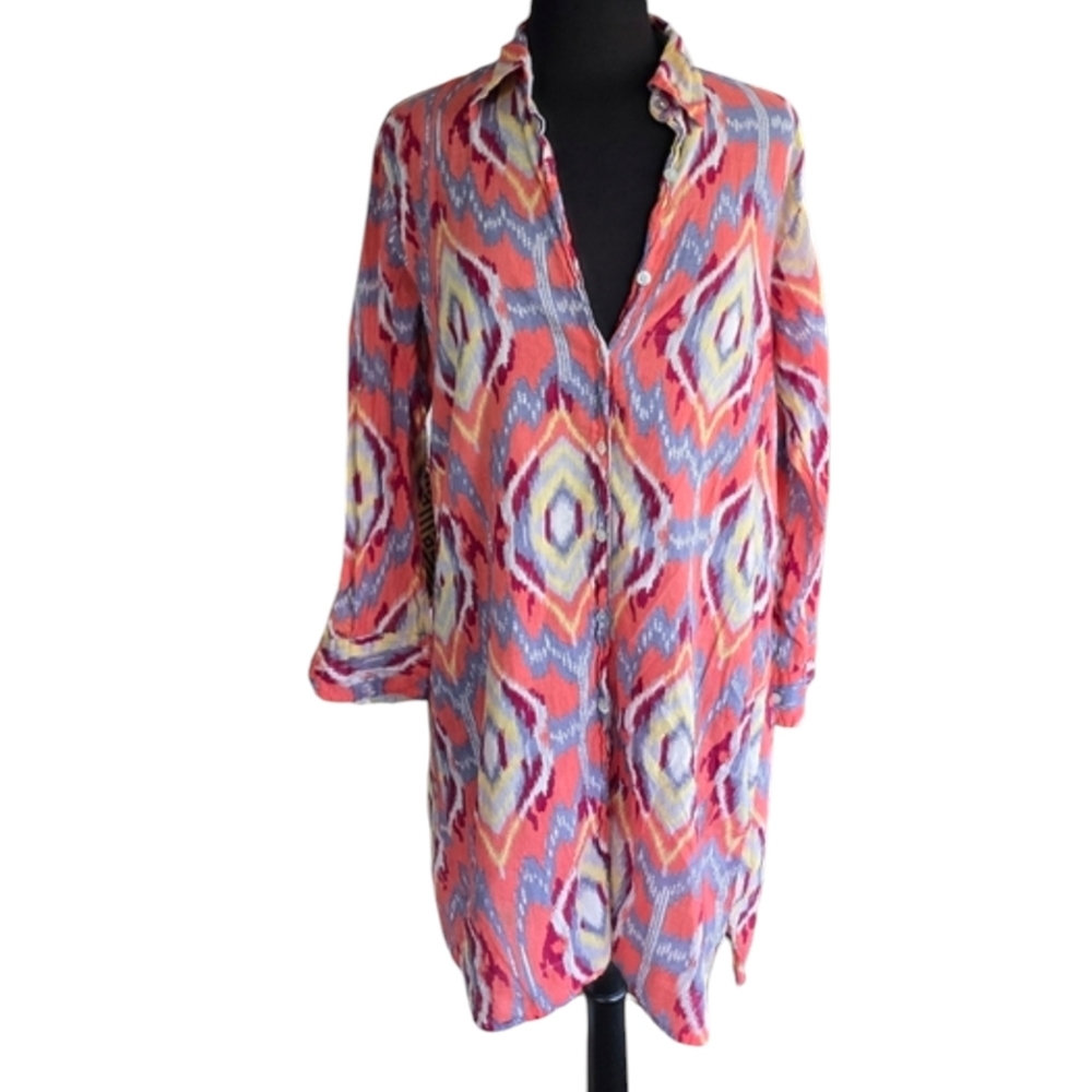 Bohemian Long Tunic Blouse M La Cachemaille Vibrant Ikat Women's Top